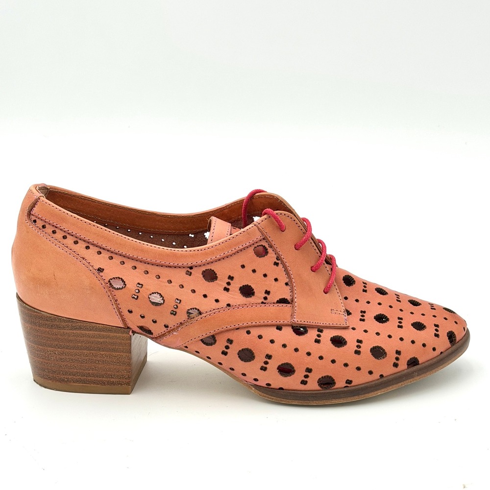 Miista Peach Leather Perforated Oxford Block Heel Brogue Made in Spain Size 7.5